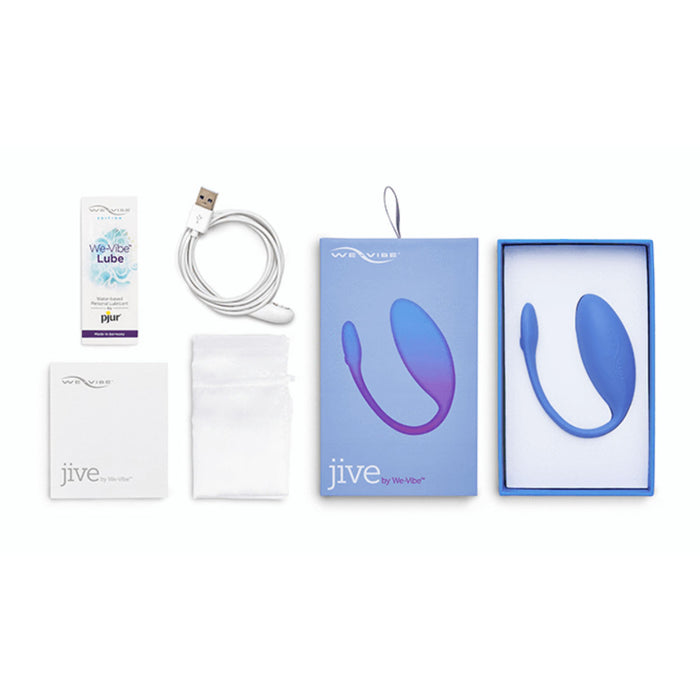 Empaque elegante del We Vibe Jive mostrando el vibrador en tono azul vibrante y sus accesorios, destacando su diseño moderno y discreto.